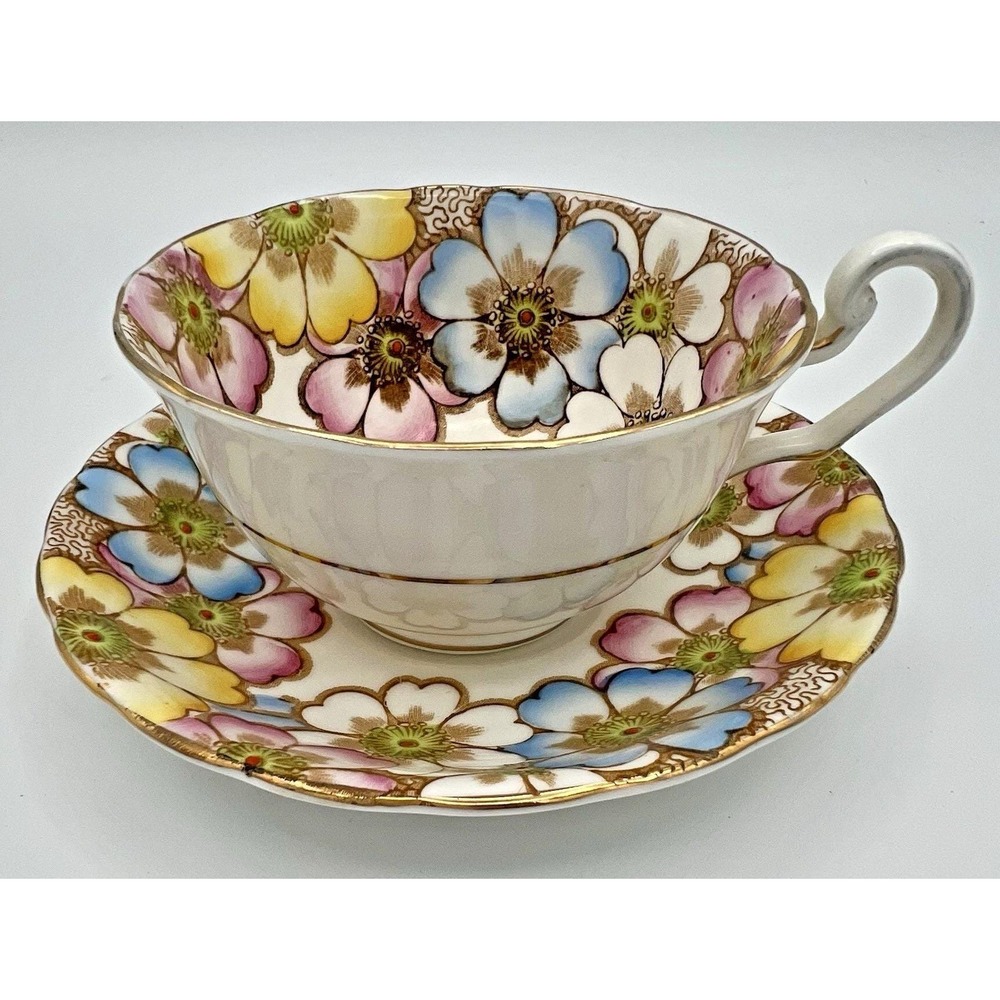 Victoria C and E Bone China England Teacup & Saucer Set  Annette Floral Flowers